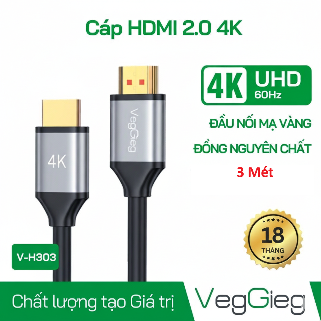 Dây Cáp HDMI Veggieg 3M Chuẩn 2.0 4K V-H304 (Lõi Đồng)